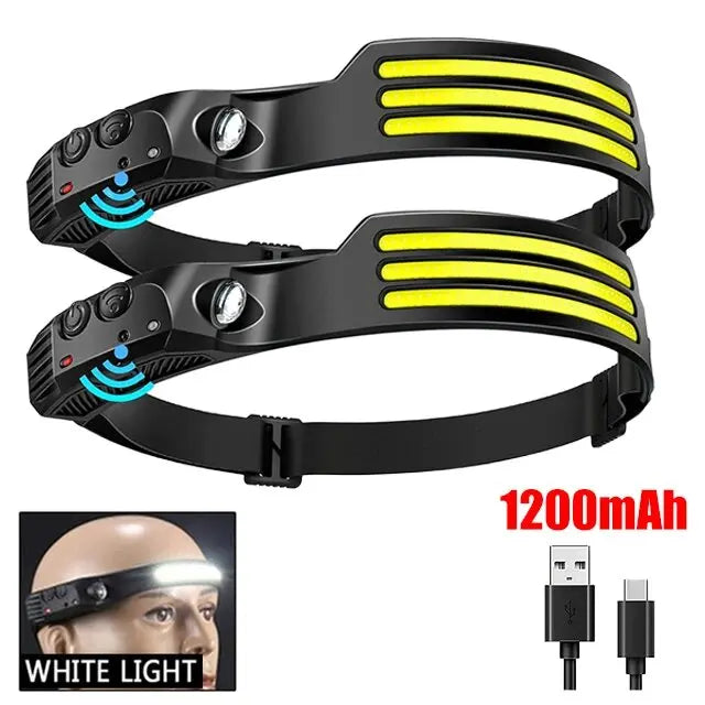 COB LED Lâmpada Cabeça de Indução, Bateria Embutida, USB Recarregável, Lanterna, Ao Ar Livre, Acampamento, Pesca, Farol Sensor