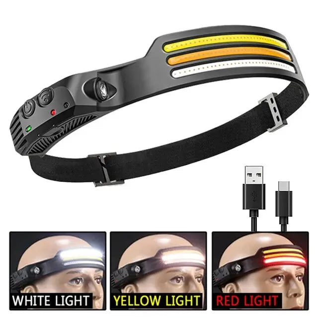 COB LED Lâmpada Cabeça de Indução, Bateria Embutida, USB Recarregável, Lanterna, Ao Ar Livre, Acampamento, Pesca, Farol Sensor