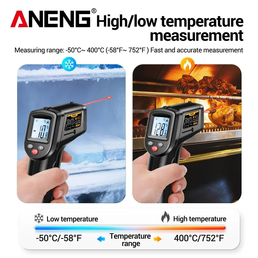 ANENG-Termômetro Infravermelho Digital, Medidor de Temperatura Gun, Higrômetro, Altamente Sensível, Sem Contato, Celsius Display, TH201