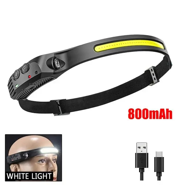 COB LED Lâmpada Cabeça de Indução, Bateria Embutida, USB Recarregável, Lanterna, Ao Ar Livre, Acampamento, Pesca, Farol Sensor