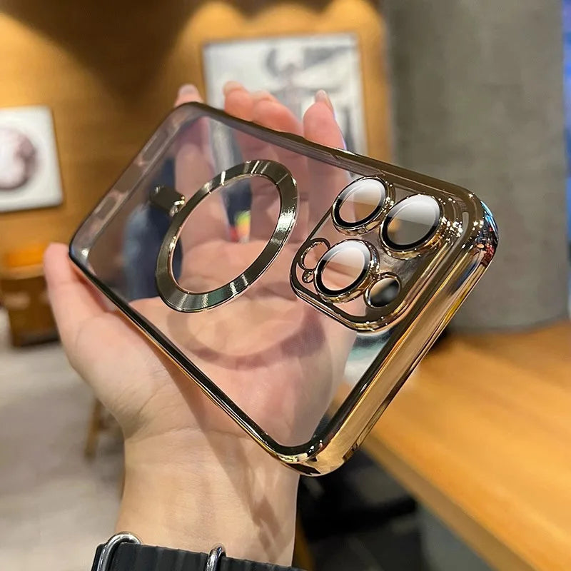 Chapeamento Magnético de Luxo Caso Transparente, Carregamento Sem Fio Magsafe, iPhone 11, 12, 13, 14, 15, 16 Pro Max Plus, Capa de Silicone à Prova de Choque
