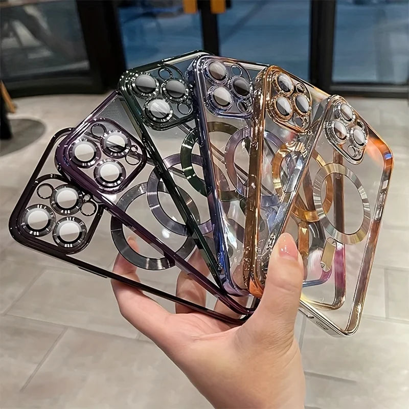 Chapeamento Magnético de Luxo Caso Transparente, Carregamento Sem Fio Magsafe, iPhone 11, 12, 13, 14, 15, 16 Pro Max Plus, Capa de Silicone à Prova de Choque
