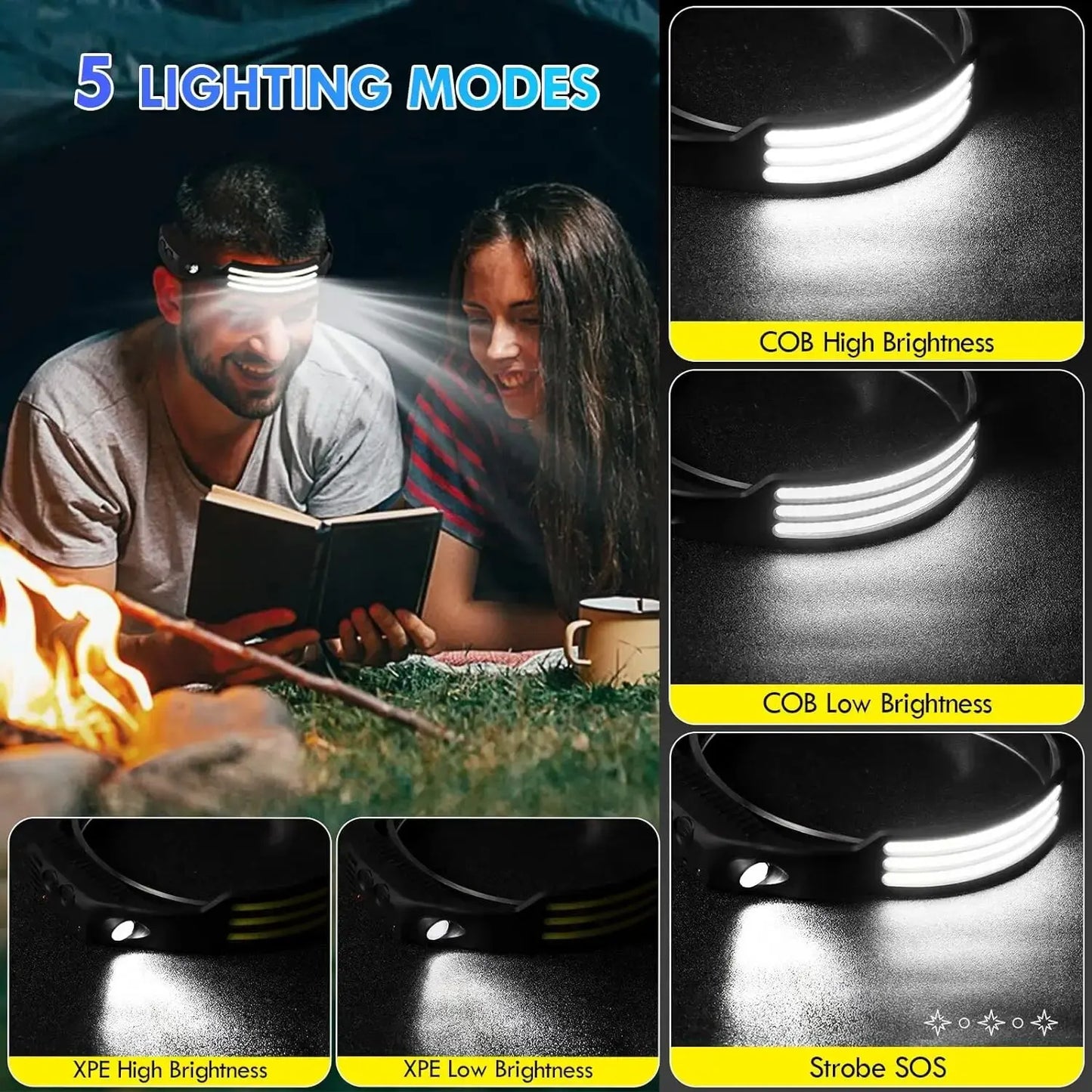 COB LED Lâmpada Cabeça de Indução, Bateria Embutida, USB Recarregável, Lanterna, Ao Ar Livre, Acampamento, Pesca, Farol Sensor
