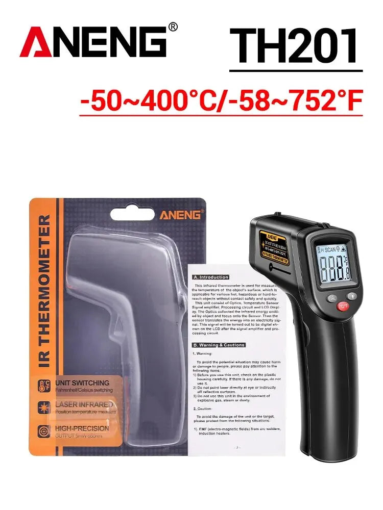 ANENG-Termômetro Infravermelho Digital, Medidor de Temperatura Gun, Higrômetro, Altamente Sensível, Sem Contato, Celsius Display, TH201