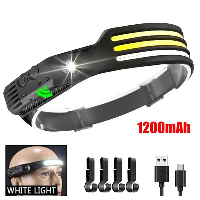 COB LED Lâmpada Cabeça de Indução, Bateria Embutida, USB Recarregável, Lanterna, Ao Ar Livre, Acampamento, Pesca, Farol Sensor