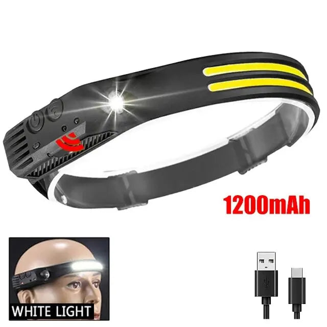 COB LED Lâmpada Cabeça de Indução, Bateria Embutida, USB Recarregável, Lanterna, Ao Ar Livre, Acampamento, Pesca, Farol Sensor