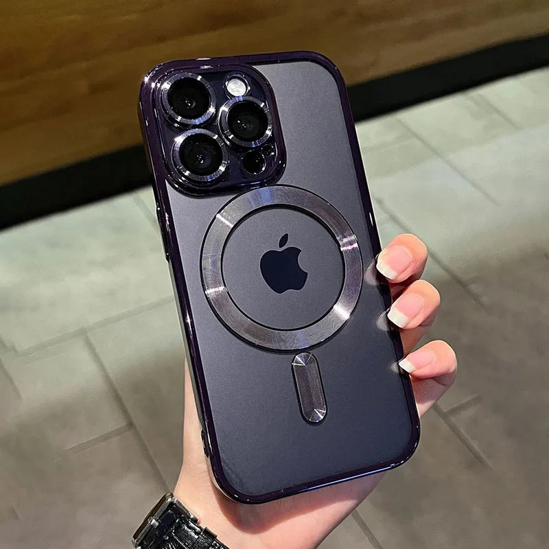 Chapeamento Magnético de Luxo Caso Transparente, Carregamento Sem Fio Magsafe, iPhone 11, 12, 13, 14, 15, 16 Pro Max Plus, Capa de Silicone à Prova de Choque