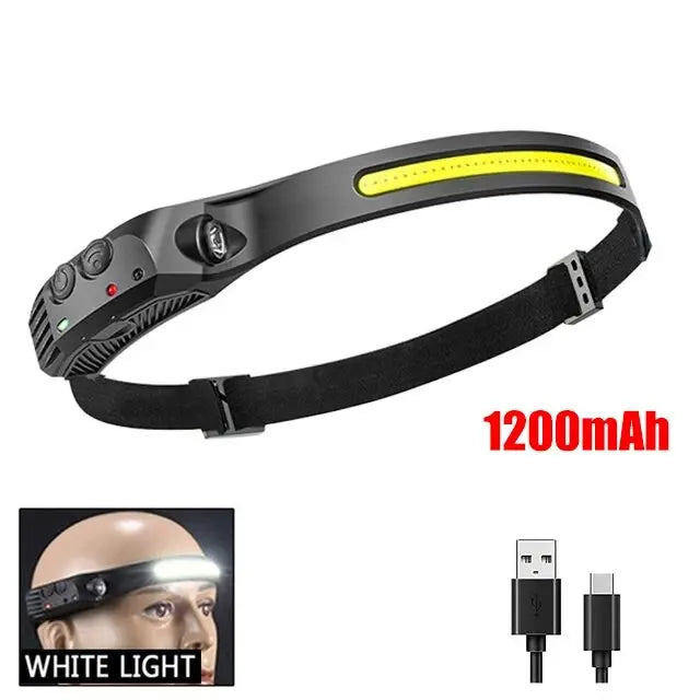 COB LED Lâmpada Cabeça de Indução, Bateria Embutida, USB Recarregável, Lanterna, Ao Ar Livre, Acampamento, Pesca, Farol Sensor