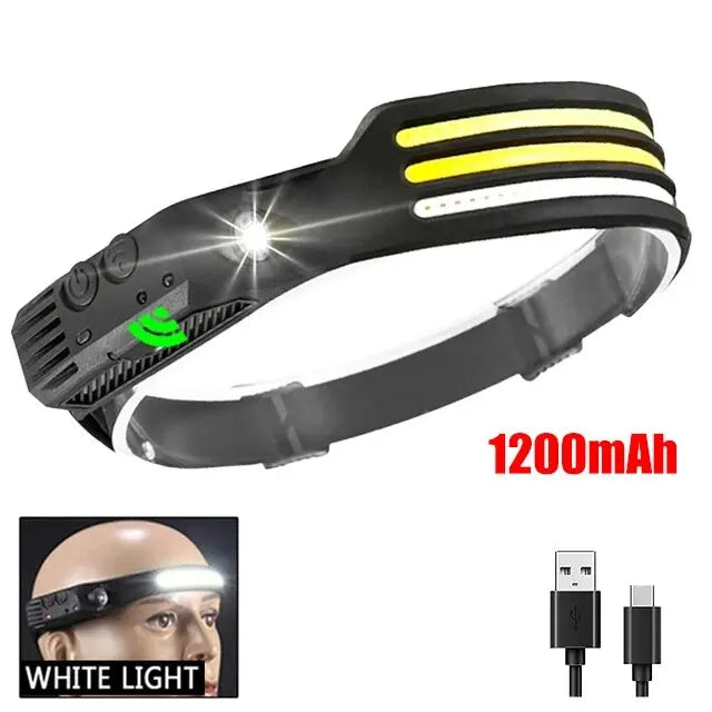 COB LED Lâmpada Cabeça de Indução, Bateria Embutida, USB Recarregável, Lanterna, Ao Ar Livre, Acampamento, Pesca, Farol Sensor