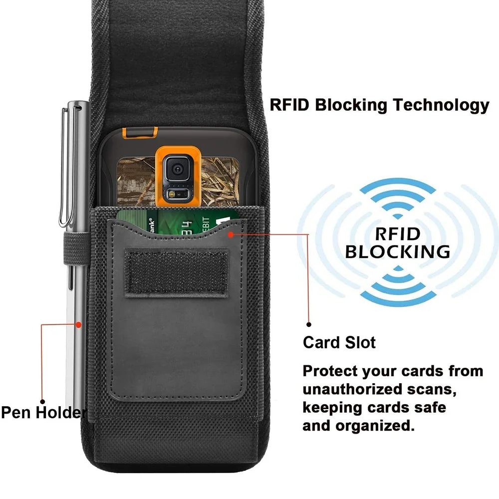 Coldre vertical de nylon para cinto de celular, bolsa com fivela, carteira, suporte para cartão, capa para telefone de 4,0 polegadas-6,7 polegadas, iphone, samsung