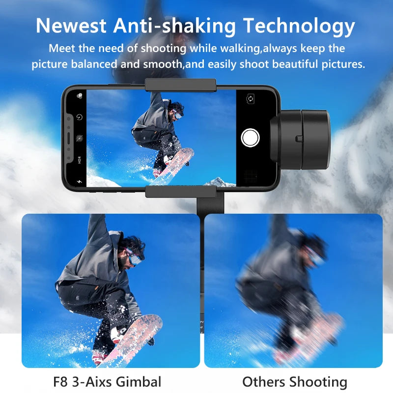 F8 portátil 3 eixos cardan suporte do telefone anti shake estabilizador de gravação de vídeo para xiaomi iphone celular smartphone