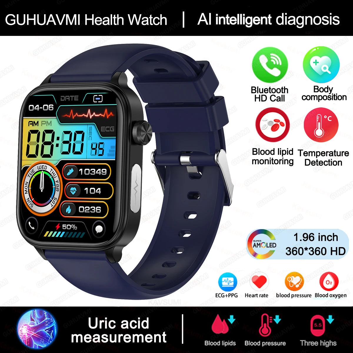 2025 novo al ciência diagnóstico lipídios no sangue ácido úrico oxigênio no sangue relógio inteligente masculino ecg + ppg voz bluetooth chamada saúde smartwatch
