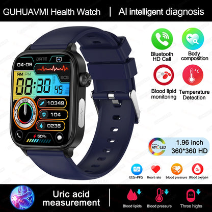 2025 novo al ciência diagnóstico lipídios no sangue ácido úrico oxigênio no sangue relógio inteligente masculino ecg + ppg voz bluetooth chamada saúde smartwatch