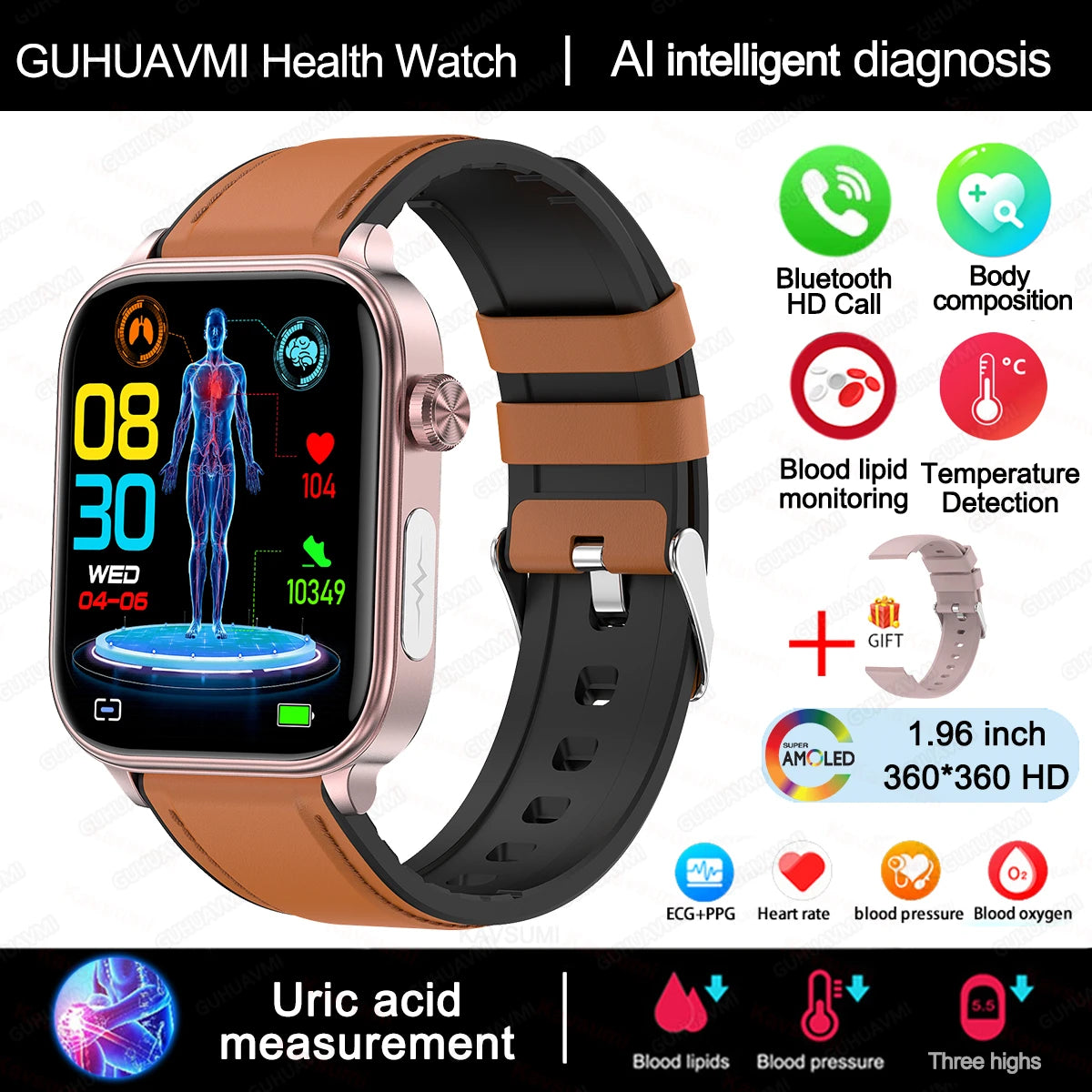 2025 novo al ciência diagnóstico lipídios no sangue ácido úrico oxigênio no sangue relógio inteligente masculino ecg + ppg voz bluetooth chamada saúde smartwatch