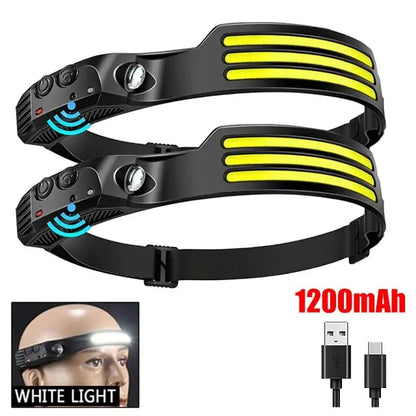 COB LED Lâmpada Cabeça de Indução, Bateria Embutida, USB Recarregável, Lanterna, Ao Ar Livre, Acampamento, Pesca, Farol Sensor