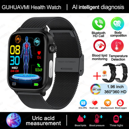 2025 novo al ciência diagnóstico lipídios no sangue ácido úrico oxigênio no sangue relógio inteligente masculino ecg + ppg voz bluetooth chamada saúde smartwatch