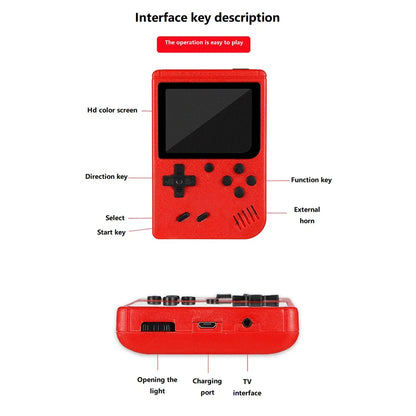 Um console de jogo pequeno portátil vermelho retrô clássico para crianças com centenas de carregamento de jogo pode ser conectado à TV
