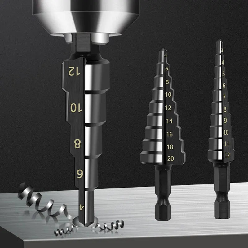 Black Hexagonal Shank Straight Slot Ladder Broca Alarme e Buraco Abertura Blackened Pagoda Drill Tool Set