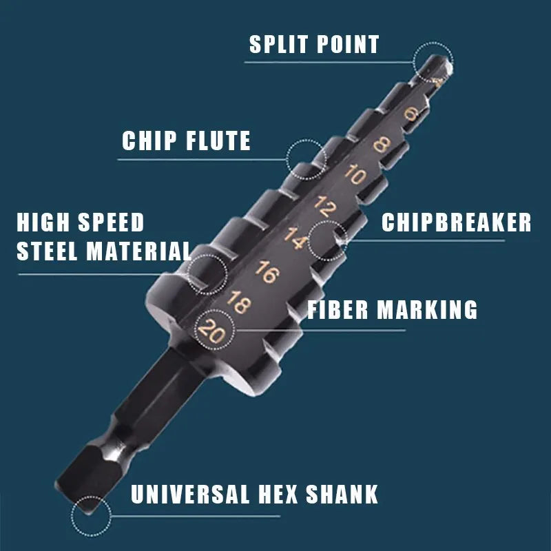Black Hexagonal Shank Straight Slot Ladder Broca Alarme e Buraco Abertura Blackened Pagoda Drill Tool Set