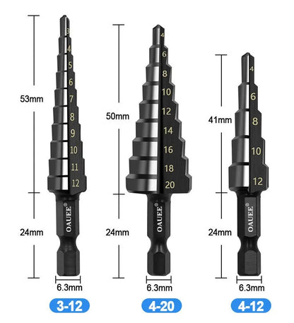 Black Hexagonal Shank Straight Slot Ladder Broca Alarme e Buraco Abertura Blackened Pagoda Drill Tool Set