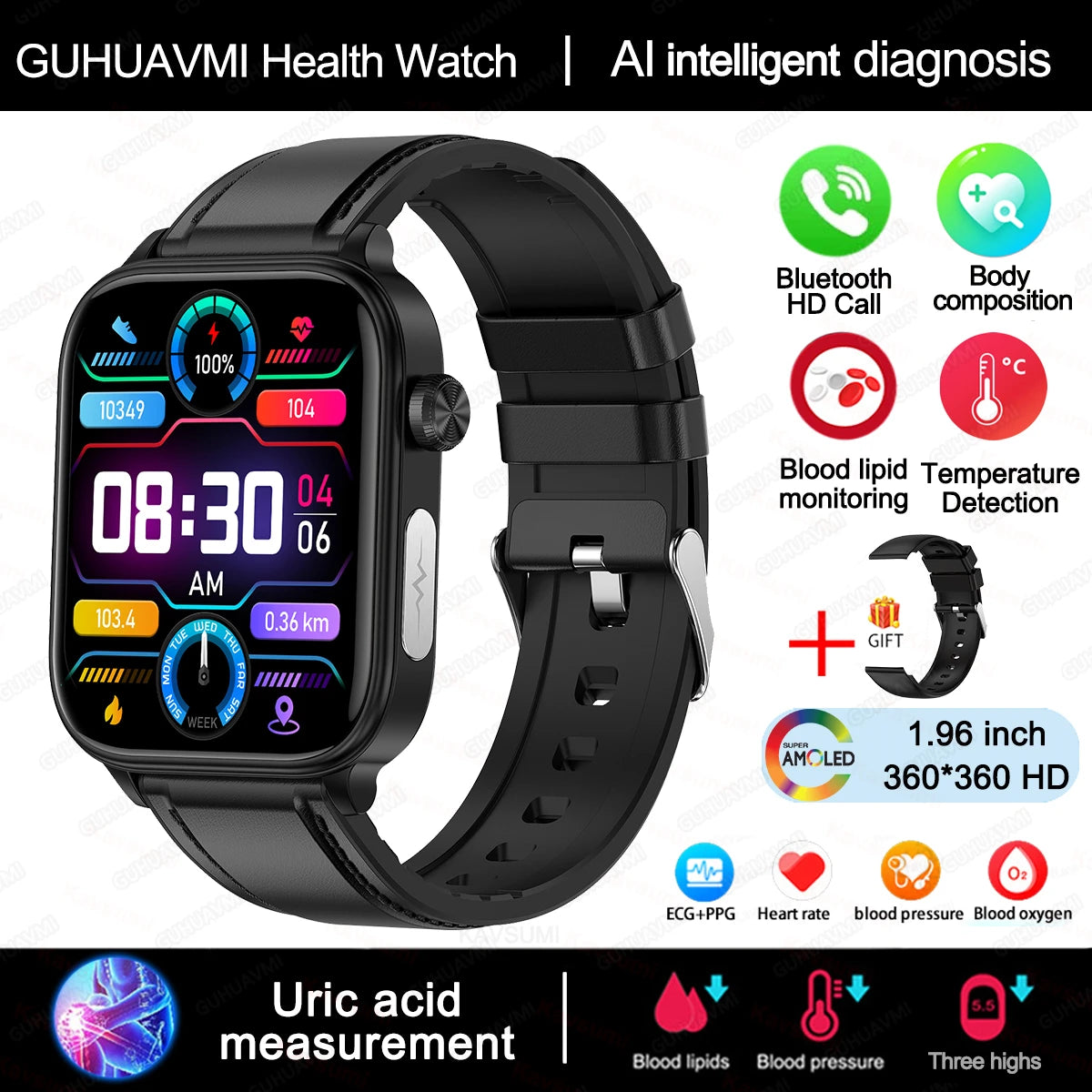 2025 novo al ciência diagnóstico lipídios no sangue ácido úrico oxigênio no sangue relógio inteligente masculino ecg + ppg voz bluetooth chamada saúde smartwatch