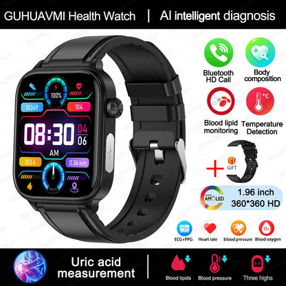 2025 novo al ciência diagnóstico lipídios no sangue ácido úrico oxigênio no sangue relógio inteligente masculino ecg + ppg voz bluetooth chamada saúde smartwatch