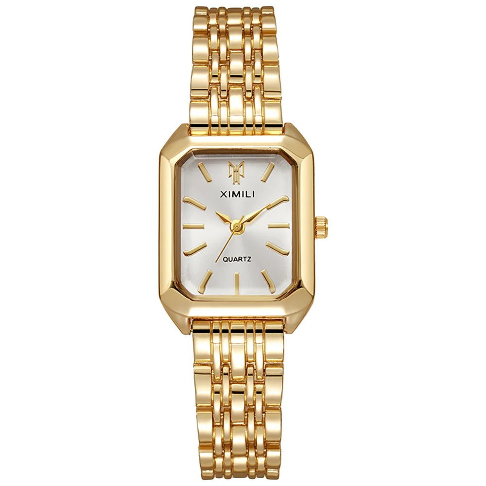 Relógio de Quartzo de Luxo de Senhora Moda Relógio de Quartzo de Escala Simples Quadrado Qualidade Banhado a Ouro Relógio de Mulher Relógio Dobrável de Aço Inoxidável