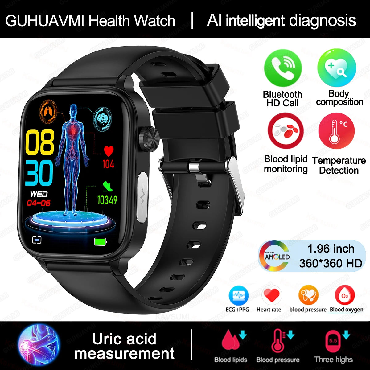 2025 novo al ciência diagnóstico lipídios no sangue ácido úrico oxigênio no sangue relógio inteligente masculino ecg + ppg voz bluetooth chamada saúde smartwatch