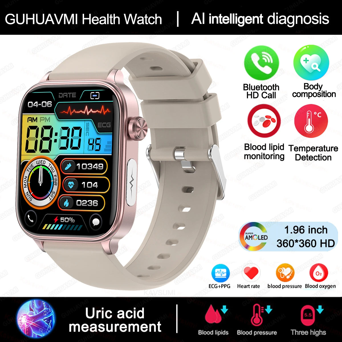 2025 novo al ciência diagnóstico lipídios no sangue ácido úrico oxigênio no sangue relógio inteligente masculino ecg + ppg voz bluetooth chamada saúde smartwatch