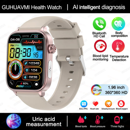2025 novo al ciência diagnóstico lipídios no sangue ácido úrico oxigênio no sangue relógio inteligente masculino ecg + ppg voz bluetooth chamada saúde smartwatch
