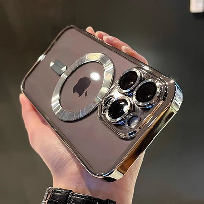 Chapeamento Magnético de Luxo Caso Transparente, Carregamento Sem Fio Magsafe, iPhone 11, 12, 13, 14, 15, 16 Pro Max Plus, Capa de Silicone à Prova de Choque