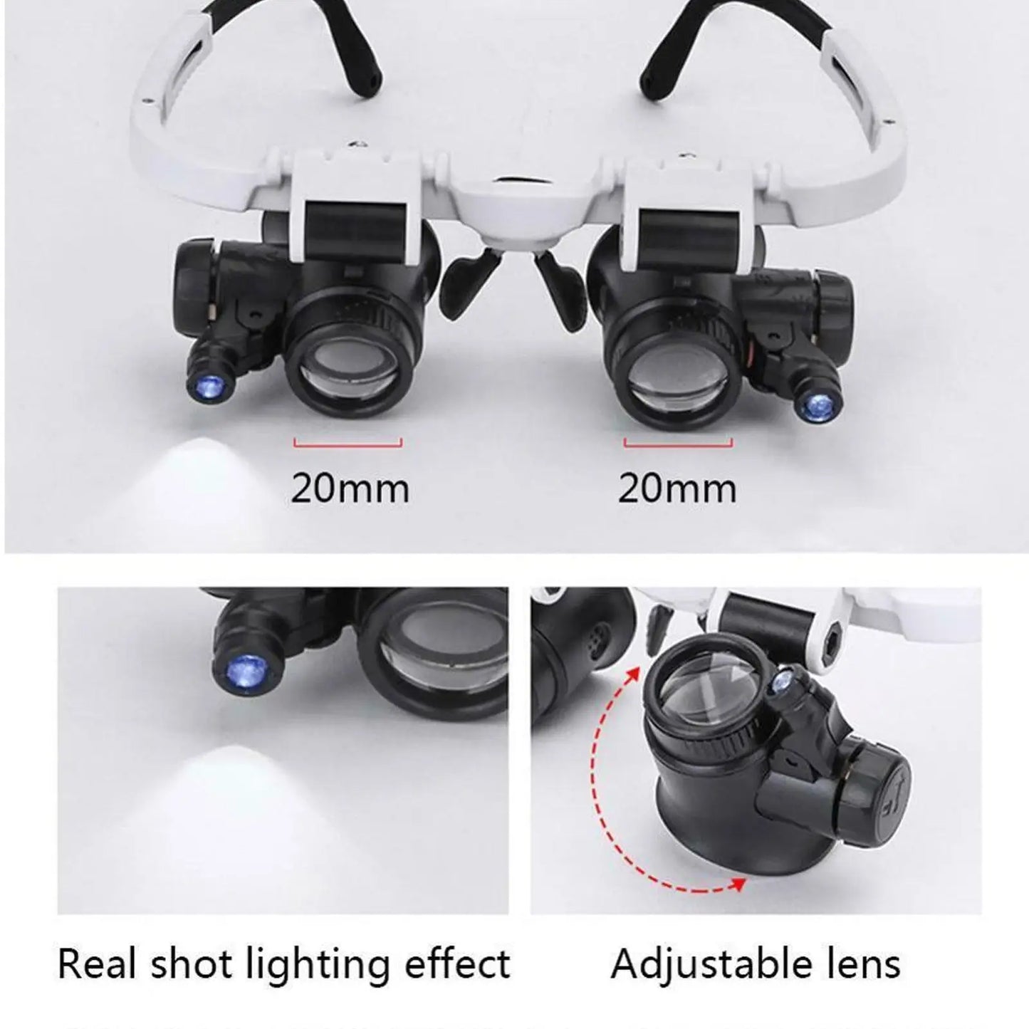 2XLED Relógio Joalheiro Reparação Lupa Cabeça-Montado Headband Ajustável Lupa Cabeça Olho Óculos Lente Lupa 8X 15X 23X