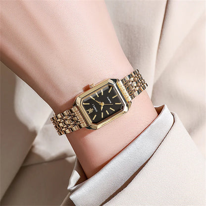 Relógio de Quartzo de Luxo de Senhora Moda Relógio de Quartzo de Escala Simples Quadrado Qualidade Banhado a Ouro Relógio de Mulher Relógio Dobrável de Aço Inoxidável