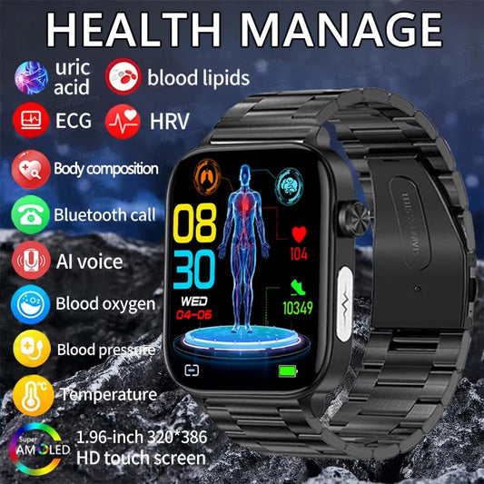 2025 novo al ciência diagnóstico lipídios no sangue ácido úrico oxigênio no sangue relógio inteligente masculino ecg + ppg voz bluetooth chamada saúde smartwatch