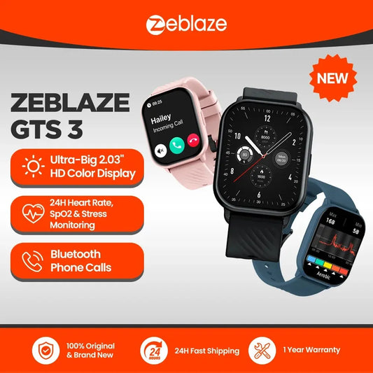 Zeblaze gts 3 voice calling relógio inteligente, ultra grande, 2.03 "tela hd, monitor de saúde, 100 + modos esportivos, 200 + faces, novo