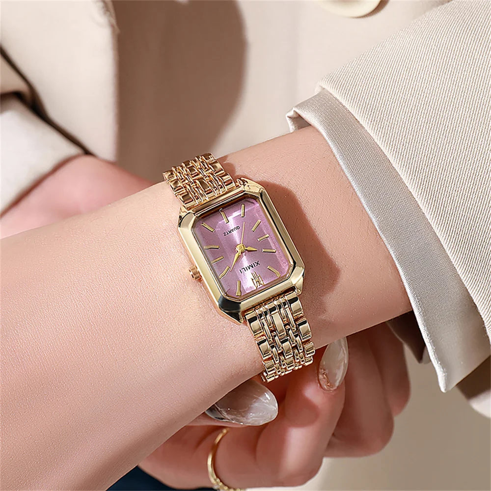 Relógio de Quartzo de Luxo de Senhora Moda Relógio de Quartzo de Escala Simples Quadrado Qualidade Banhado a Ouro Relógio de Mulher Relógio Dobrável de Aço Inoxidável