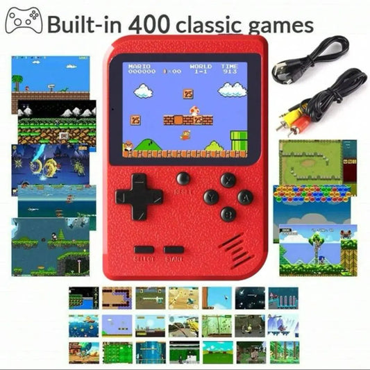 Um console de jogo pequeno portátil vermelho retrô clássico para crianças com centenas de carregamento de jogo pode ser conectado à TV