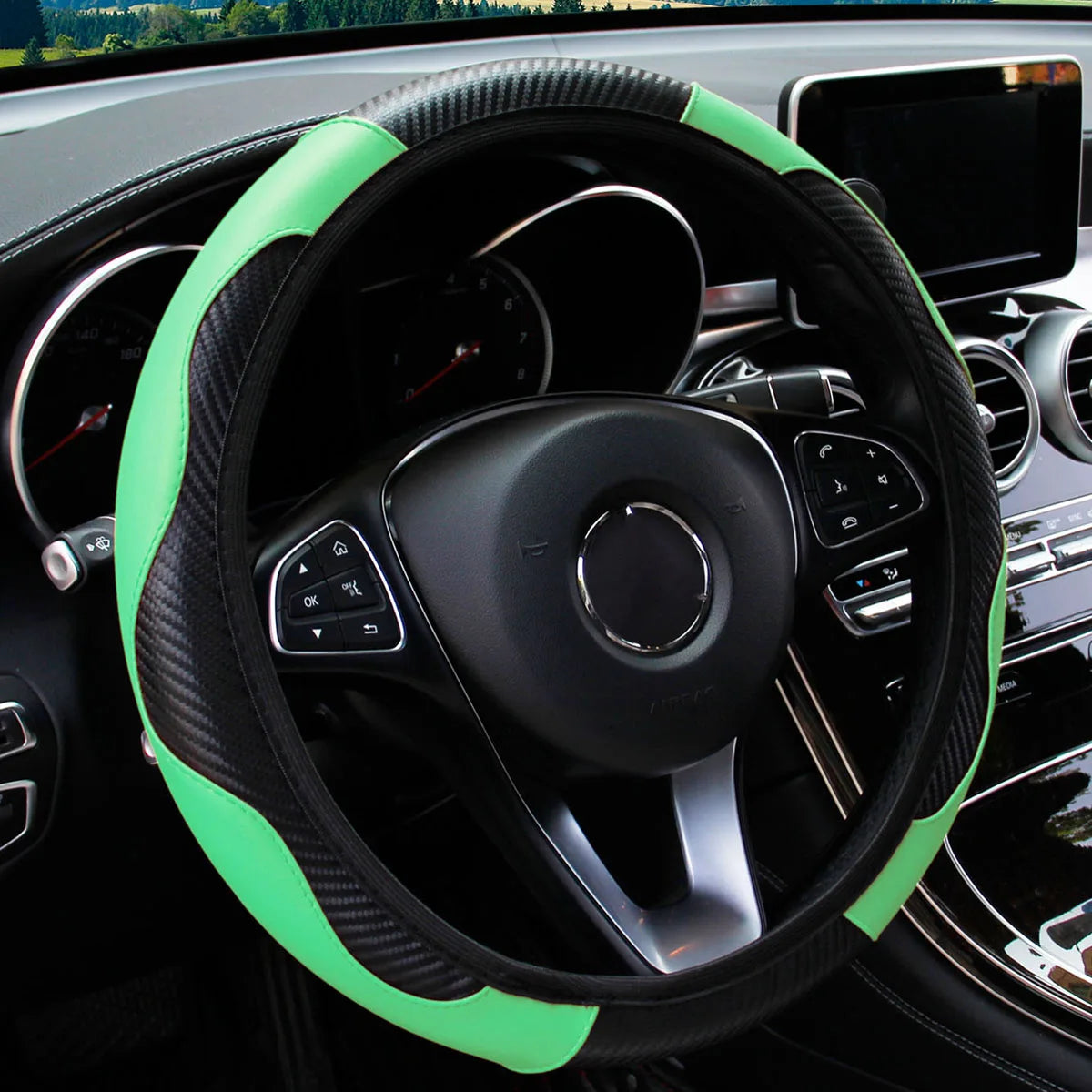Capa de volante de carro de couro de fibra de carbono PU sem anel interno adequado para 14,5-15 polegadas de suprimentos automotivos