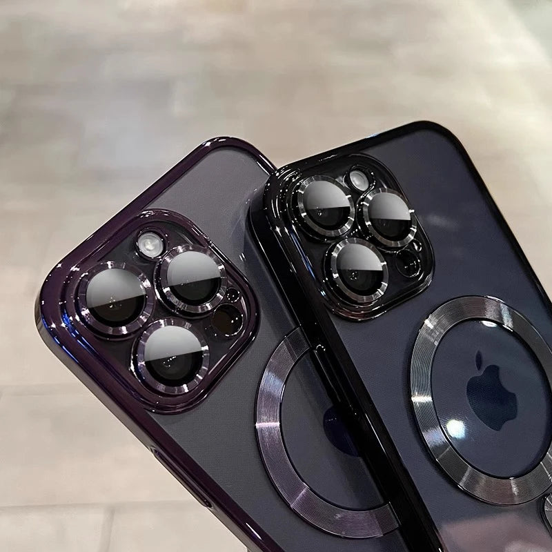 Chapeamento Magnético de Luxo Caso Transparente, Carregamento Sem Fio Magsafe, iPhone 11, 12, 13, 14, 15, 16 Pro Max Plus, Capa de Silicone à Prova de Choque