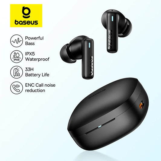 Baseus Bowie E19 Fones de ouvido sem fio, Bluetooth 5.3, Big Bass, Drivers de 12mm, Fones de ouvido à prova d'água IPX5