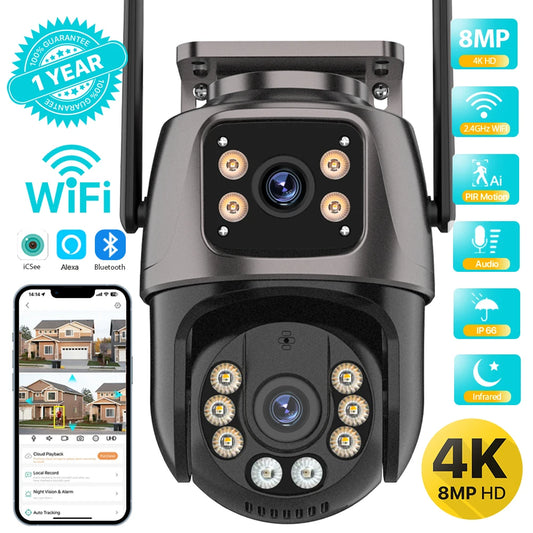 4k 8mp hd wifi câmera ptz ao ar livre 4mp lente dupla tela ai rastreamento automático câmera ip cctv áudio vídeo vigilância p2p icsee