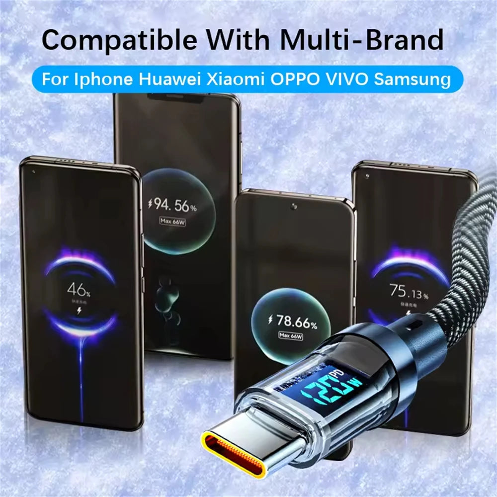 Nnbili 120w tipo c para tipo c cabo de telefone cabo de carregamento super rápido com display led usb para tipo-c cabo de dados para huawei oppo vivo