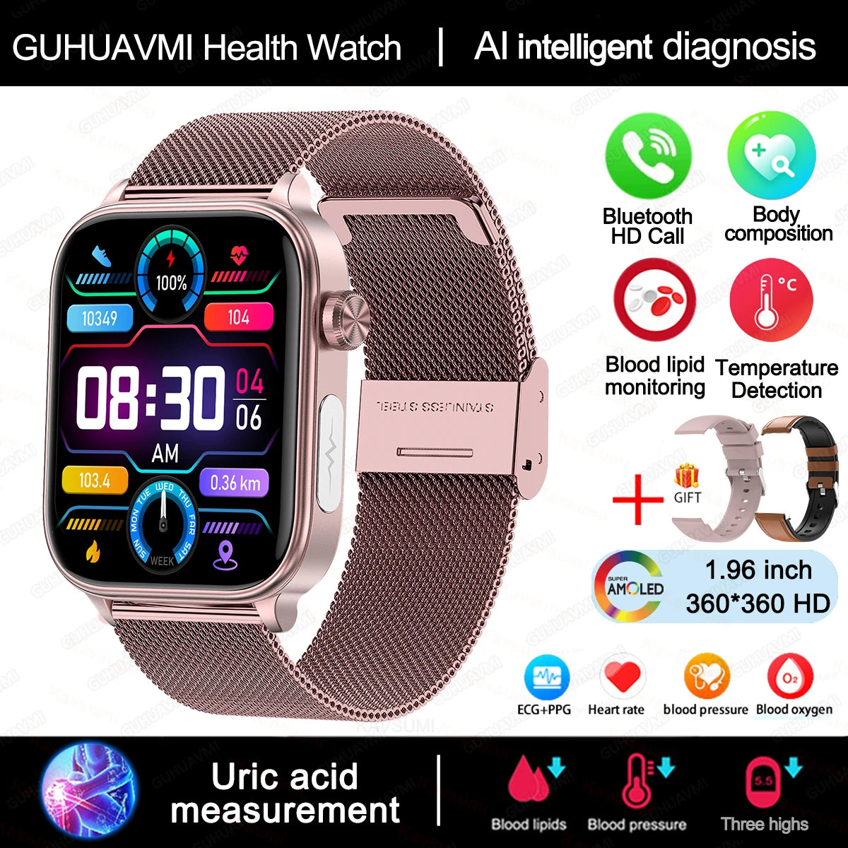 2025 novo al ciência diagnóstico lipídios no sangue ácido úrico oxigênio no sangue relógio inteligente masculino ecg + ppg voz bluetooth chamada saúde smartwatch