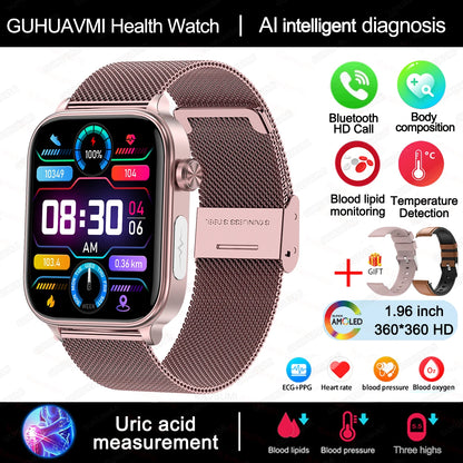 2025 novo al ciência diagnóstico lipídios no sangue ácido úrico oxigênio no sangue relógio inteligente masculino ecg + ppg voz bluetooth chamada saúde smartwatch