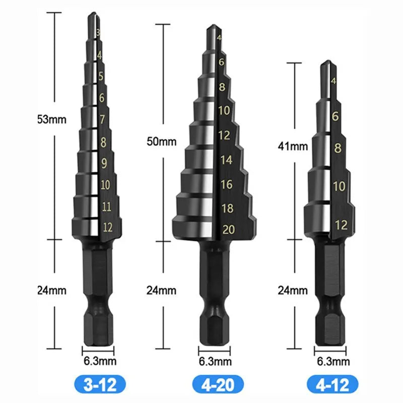 Black Hexagonal Shank Straight Slot Ladder Broca Alarme e Buraco Abertura Blackened Pagoda Drill Tool Set