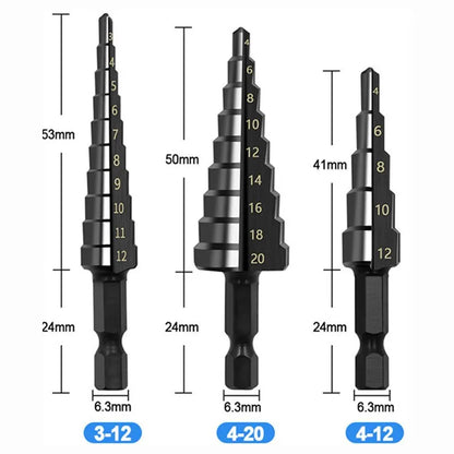 Black Hexagonal Shank Straight Slot Ladder Broca Alarme e Buraco Abertura Blackened Pagoda Drill Tool Set