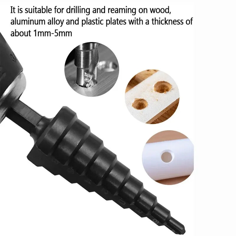 Black Hexagonal Shank Straight Slot Ladder Broca Alarme e Buraco Abertura Blackened Pagoda Drill Tool Set