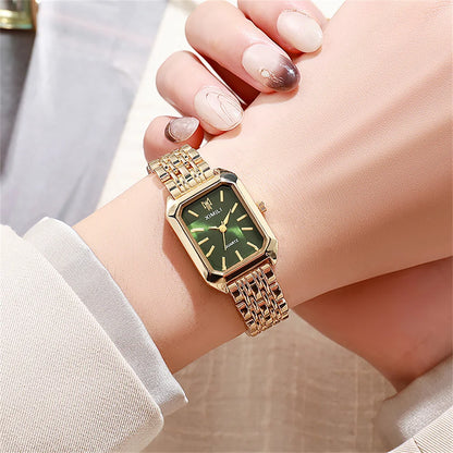 Relógio de Quartzo de Luxo de Senhora Moda Relógio de Quartzo de Escala Simples Quadrado Qualidade Banhado a Ouro Relógio de Mulher Relógio Dobrável de Aço Inoxidável