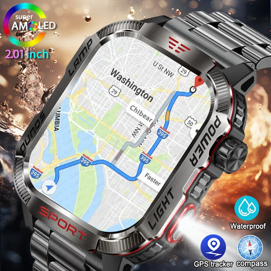 Novo para huawei xiaomi militar gps relógio inteligente masculino lanterna bússola à prova dwaterproof água esporte ao ar livre rastreador bluetooth chamada smartwatch