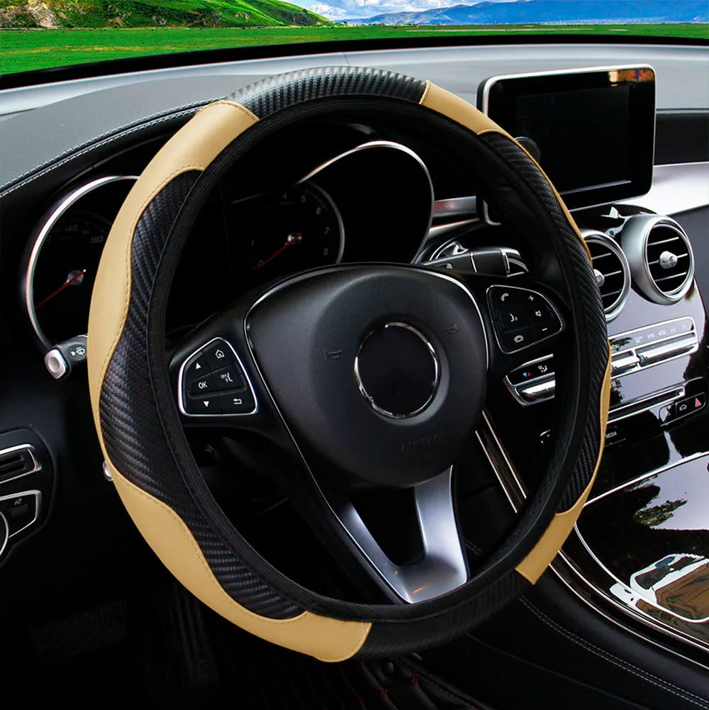 Capa de volante de carro de couro de fibra de carbono PU sem anel interno adequado para 14,5-15 polegadas de suprimentos automotivos